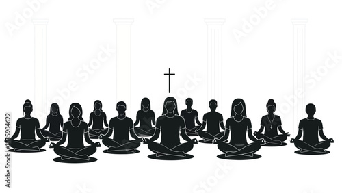 Group of people meditating in lotus pose with a cross and pillars silhouette isolated on white background