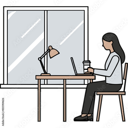 Woman working on laptop at a desk next to a large window with a lamp and coffee cup in a bright room interior with a chair and minimalist design
