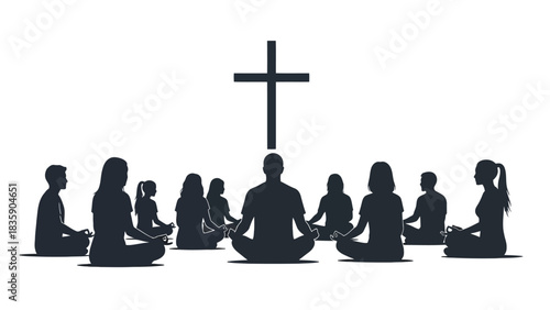Group of people meditating in a circle with a cross above them silhouette isolated on white background
