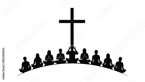 Group of people meditating in silhouette near a christian cross isolated on white background