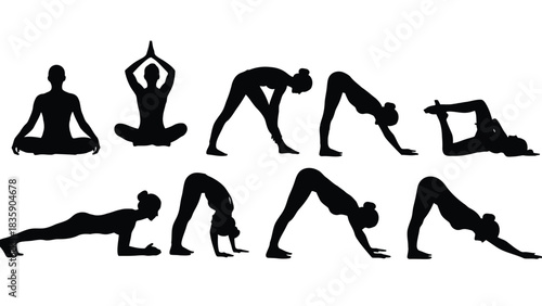 Collection of yoga poses silhouette isolated on white background