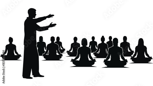 Yoga instructor leading meditation class silhouette isolated on white background