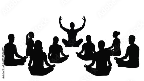 Group of people meditating in lotus pose silhouette isolated on white background
