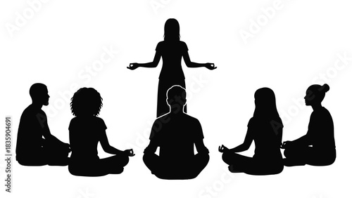 Group meditating with instructor silhouette isolated on white background