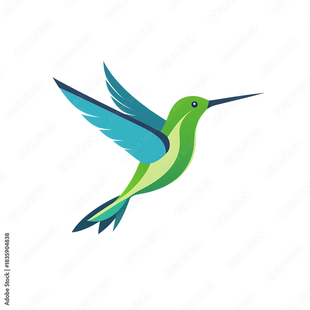 Obraz premium Vibrant green and blue hummingbird in flight stylized illustration isolated on transparent background