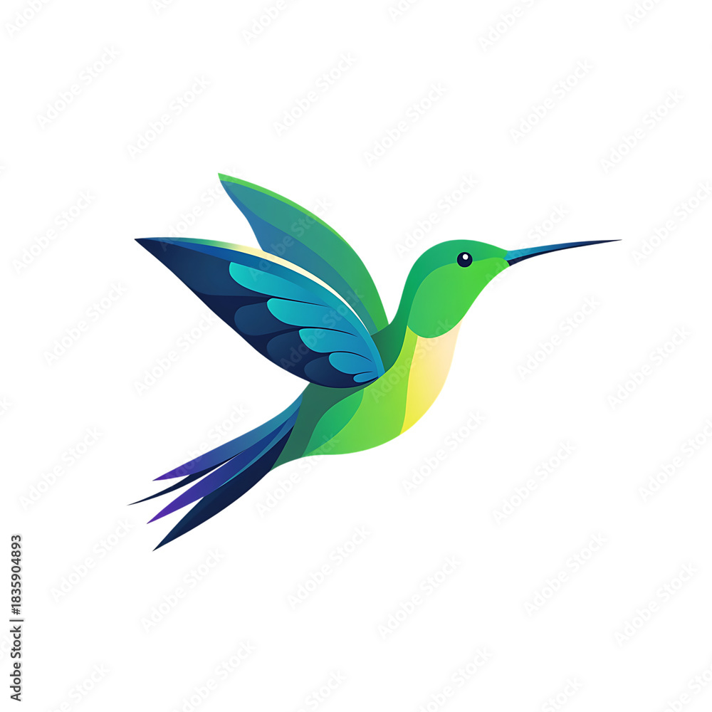 Fototapeta premium Vibrant green and blue hummingbird in flight detailed illustration isolated on transparent background