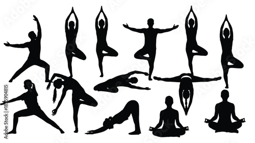 Collection of diverse yoga poses silhouette isolated on white background