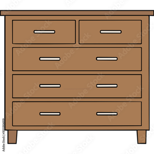 Wooden Dresser With Six Drawers A Chest Of Drawers With Metal Handles In A Simple Sketchy Style With Subtle Color Shading On A White Background
