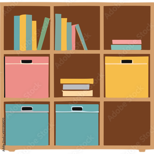 Wooden Bookshelf With Colorful Books And Storage Boxes Organized Interior Home Decor Furniture In Natural Light