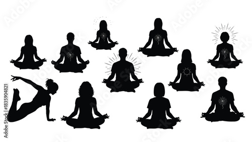 Group of diverse people meditating in yoga poses silhouette isolated on white background