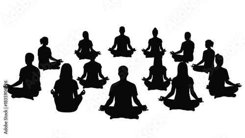 Group of people meditating in a circle silhouette isolated on white background