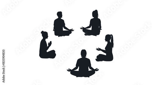 Group of people meditating in a circle silhouette isolated on white background
