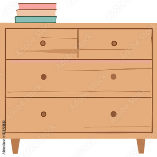 Wooden Dresser With Stacked Books Natural Wood Finish And Simple Drawer Pulls In Light Neutral Tones Neutral Background With Subtle Texture
