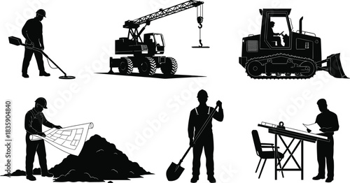 Construction Workers and Heavy Machinery Silhouettes on White Background Keywords: construction, worker, silhouette, crane