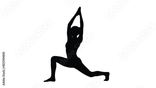 Woman performing yoga warrior one pose silhouette isolated on white background