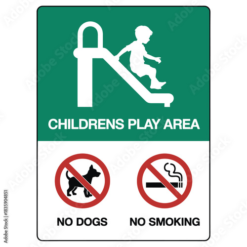 Childrens play area sign with a slide no dogs allowed and no smoking vector illustration isolated on white