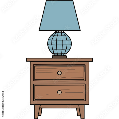 Wooden Nightstand With Two Drawers Featuring A Blue Lampshade And A Globe Shaped Lamp Base Illuminated In A Dimly Lit Room With A Dark Background