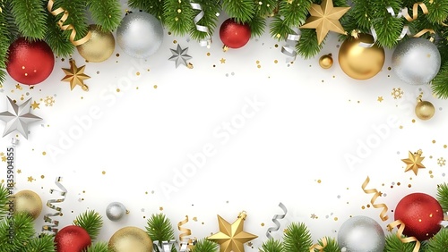 Festive Christmas holiday border with fir branches, shiny baubles, and golden stars on white