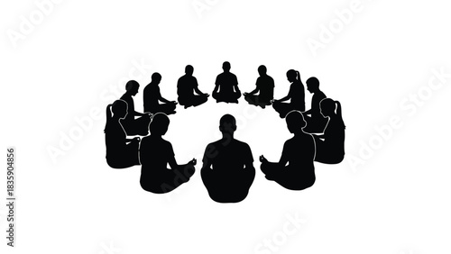 Group of people meditating in a circle silhouette isolated on white background