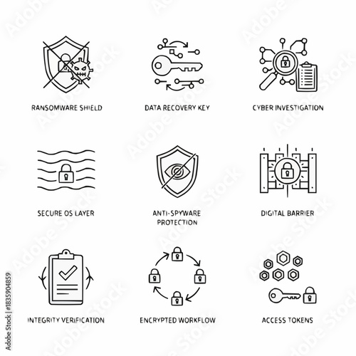 Collection of security related icons depicting various cyber protections