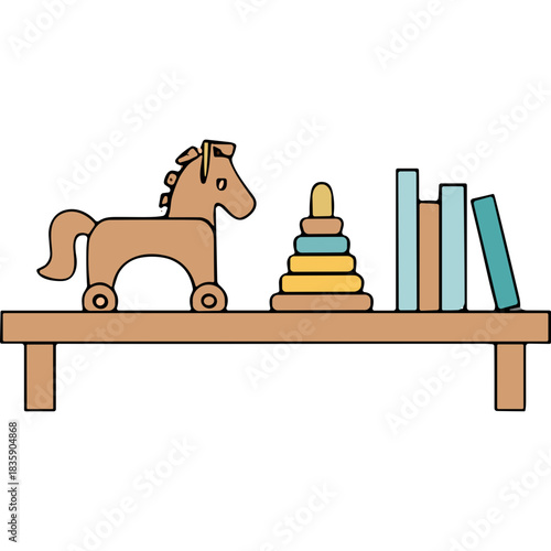 Wooden Rocking Horse Toy and Stackable Ring Toy on a Shelf Next to Colorful Books in Pastel Tones on a Black Background