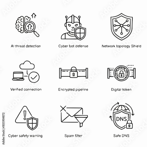 Nine cybersecurity icons showing network protection and threat detection