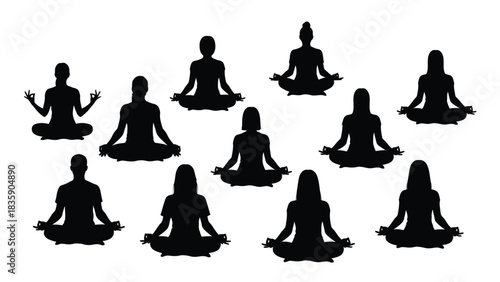Group of diverse people meditating in lotus pose silhouette isolated on white background