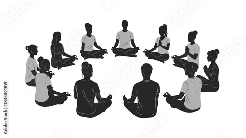 Group of people meditating in a circle silhouette isolated on white background