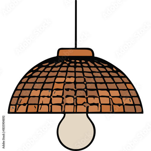 Woven Dome Pendant Lamp With Exposed Light Bulb In Warm Earth Tones Hanging From A Cord Against A Black Background Decorative Lighting Fixture