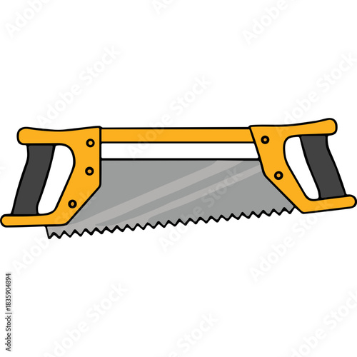 Yellow and Black Bow Saw With Gray Blade Isolated On Black Background With Detailed Teeth And Textured Handles For Woodworking And Construction Tasks