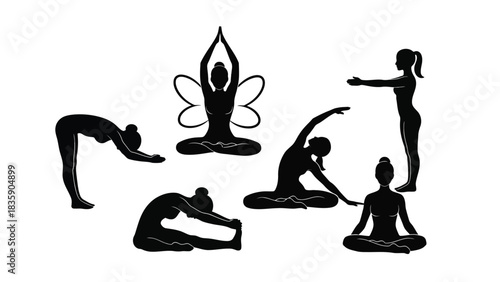 Collection of diverse yoga poses silhouette isolated on white background