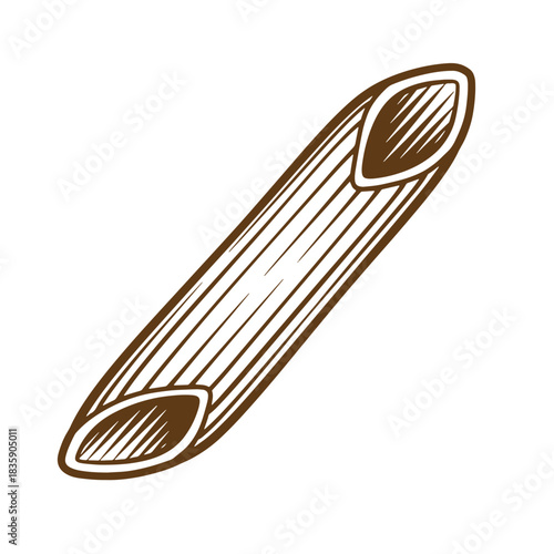 Hand drawn illustration of a single penne pasta piece in a vintage sketch style