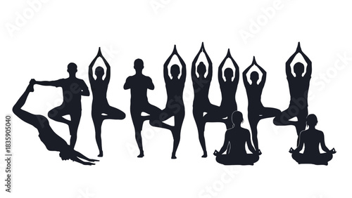 Diverse group of people in yoga poses silhouette isolated on white background