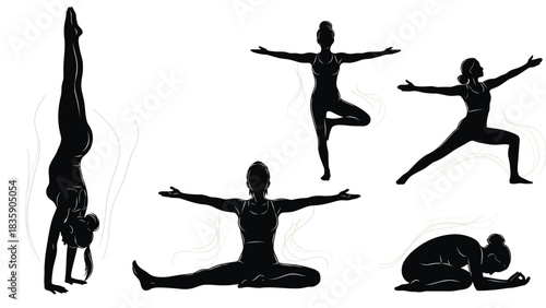 Collection of five female yoga poses silhouette isolated on white background