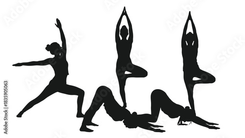 Group of women performing yoga poses silhouette isolated on white background