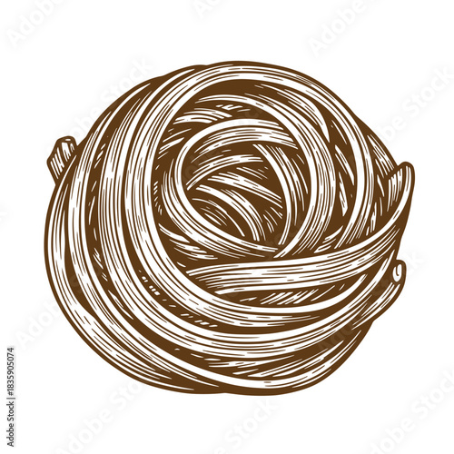 Hand drawn sketch illustration of a delicious serving of fresh tagliatelle pasta isolated on white