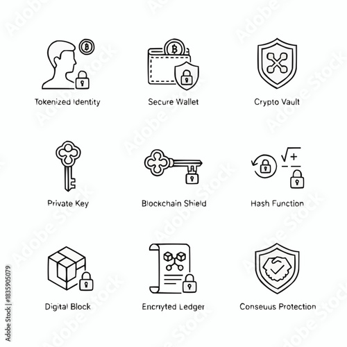 Collection of nine cryptographic security and blockchain related icons