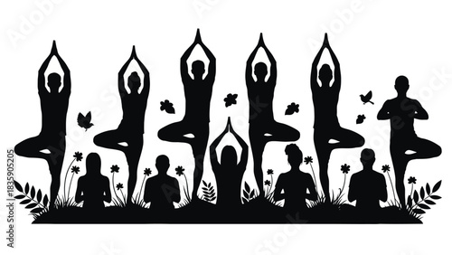 Diverse group of people practicing yoga in nature silhouette isolated on white background