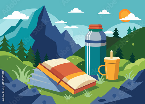Book and thermos on rock near mountain trail, peaceful reading in nature concept