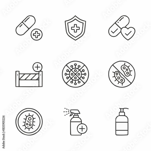 Outline icons representing healthcare, protection, and hygiene measures