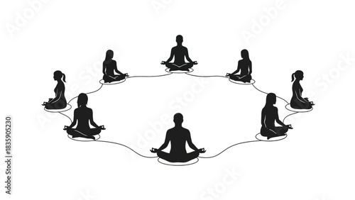 Group of people meditating in a circle silhouette isolated on white background
