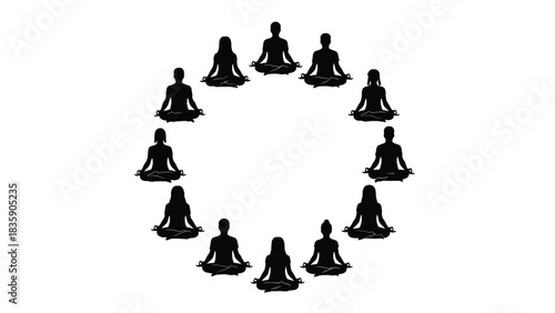 Group of people meditating in a circle silhouette isolated on white background