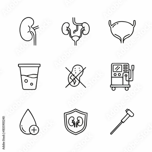 Collection of urology and nephrology related icons in outline style