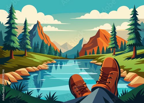 boots traveler resting by riverside, first person hiking perspective, calm water reflecting forest and sky