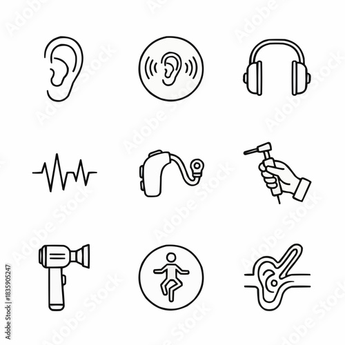Various hearing related icons including aids and medical examination tools