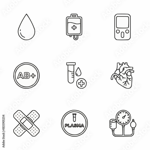 Collection of medical icons including blood bag heart and blood types