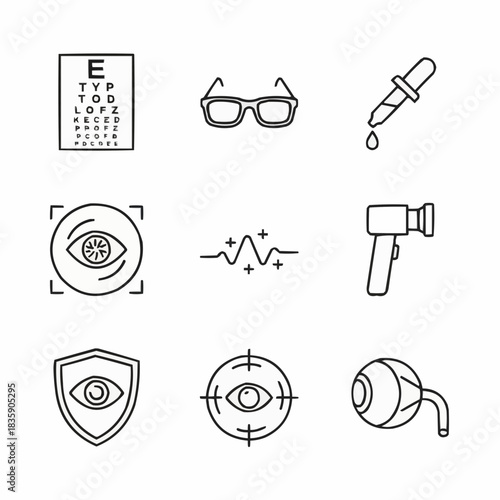 Eye care icons depicting vision test chart and ophthalmology equipment