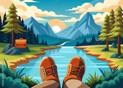 boots traveler resting by riverside, first person hiking perspective, calm water reflecting forest and sky