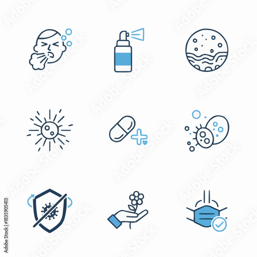 Icons representing health safety measures and protection from viruses