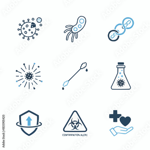 Icons representing virus bacteria and health safety in blue and black